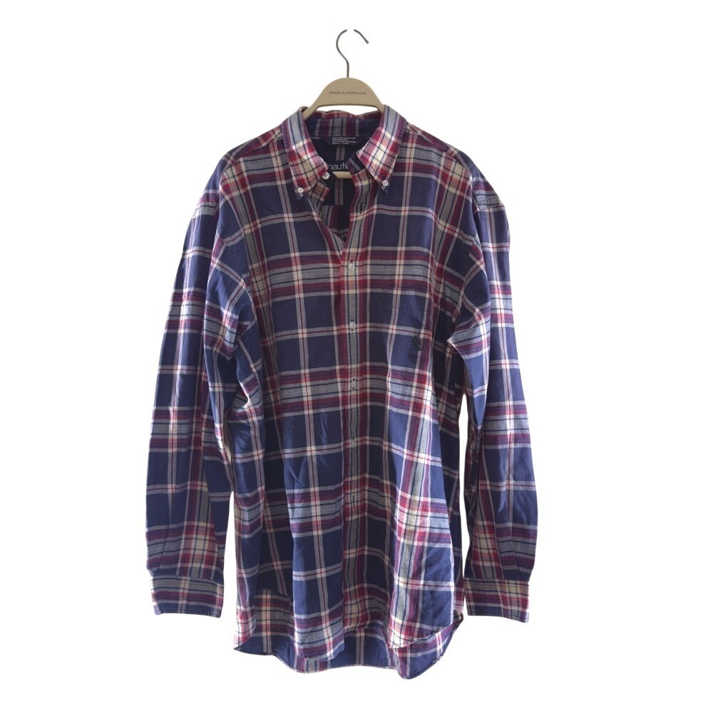 Nautica Mens Classic Fit Red Blue Plaid Button Down Shirt L